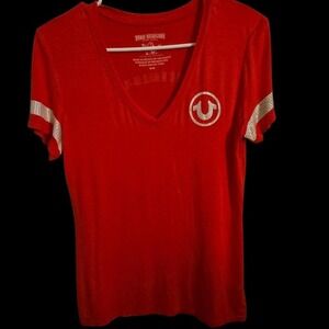 True Religion Red Short Sleeve Tee with Silver Accents Bold red tee